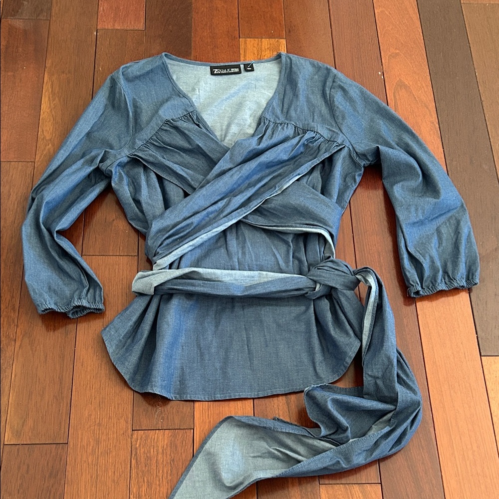 NY Collection Denim Blue Wrap Blouse
